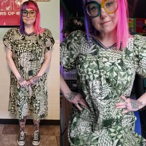 Jade Fashions Made In Hawaii Green Ivory Pineapple Short Sleeve Midi Dress